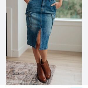 Risen Denim Midi Skirt with Front Slit